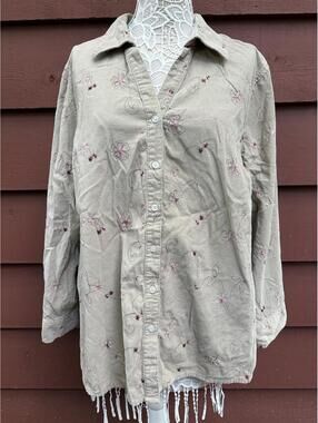 LIZ&ME Embroidered Floral Cotton Button Up Shirt Beige Boho Cottage